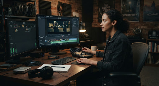 Artist reviewing footage
