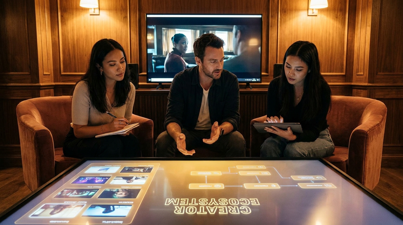 Diverse filmmakers collaborating in a premium production suite