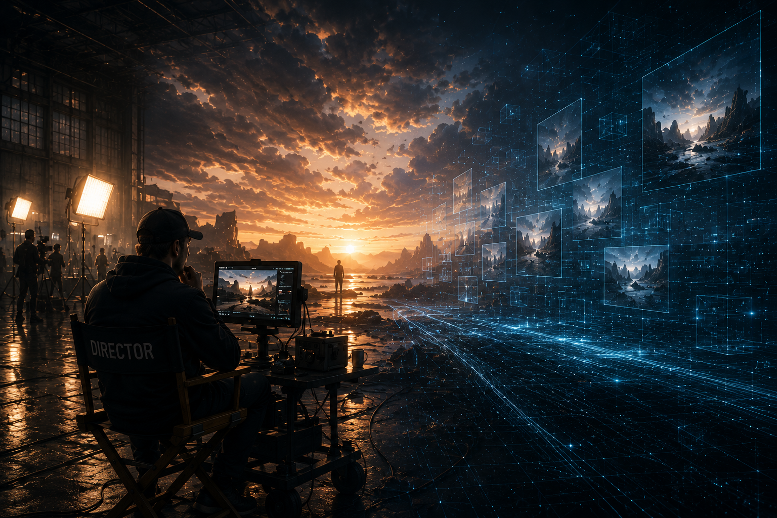 Cinematic film production set blending into an alien landscape