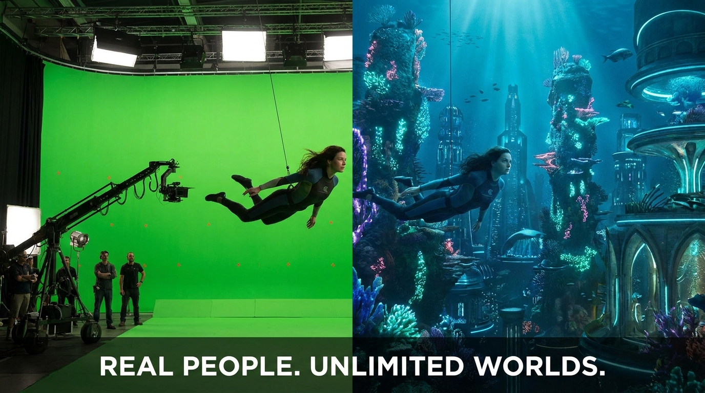 Side-by-side cinematic comparison of green screen to underwater city
